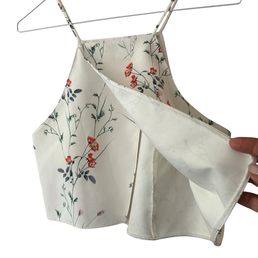 ZARA GREEN & CREAM FLORAL RACER BACK STYLE A-LINE TANK OVERLAP AT REAR SZ MED - Picture 6 of 8